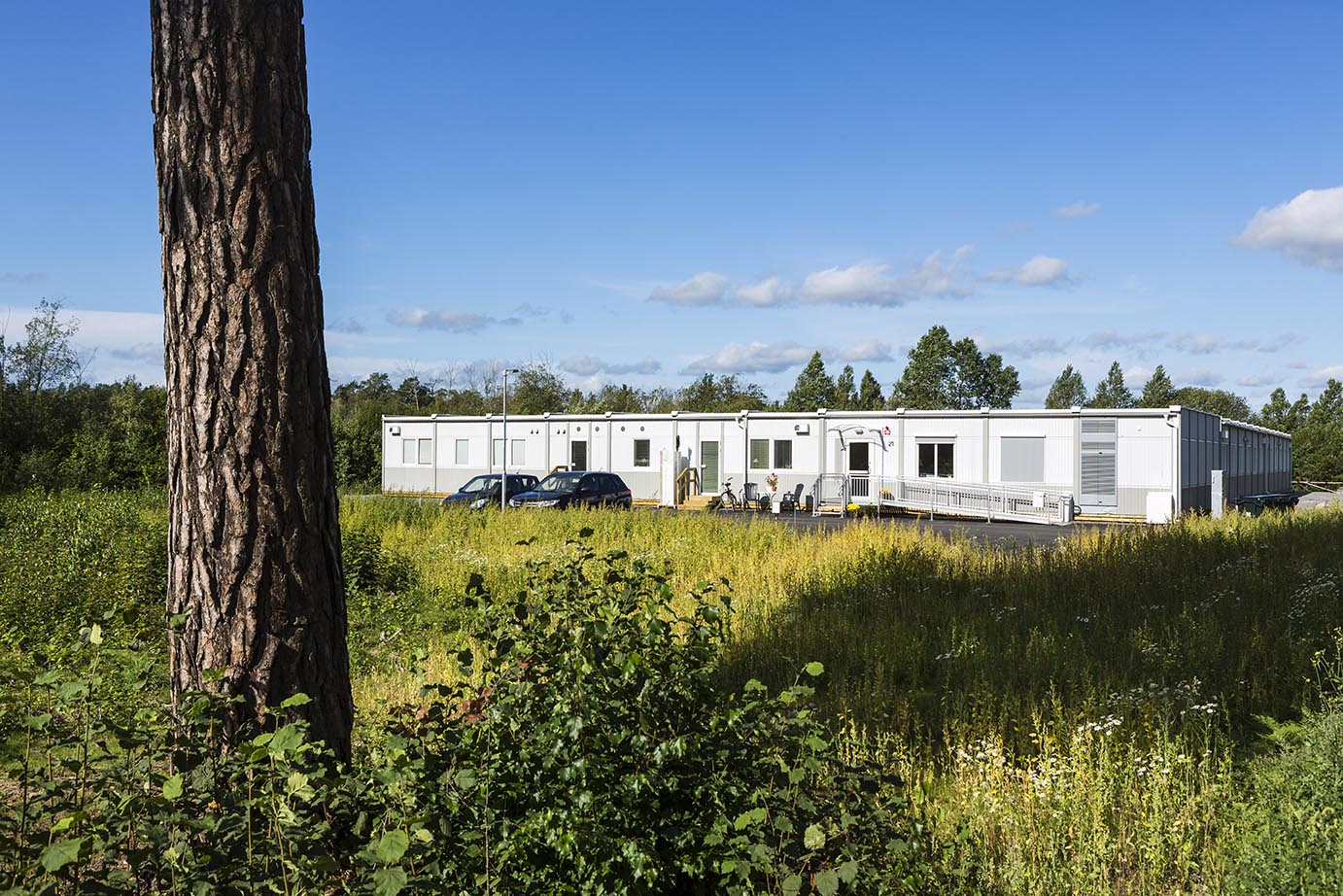 Nordrona LSS-boende i Norrtälje med vita boendemoduler från Expandia placerade i grön naturmiljö med ängsmark, träd och blå himmel.